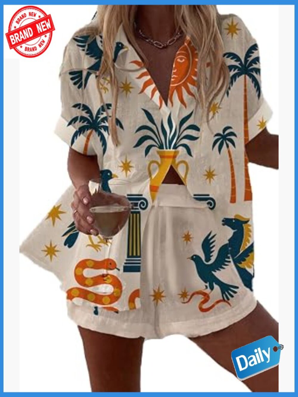 Boho Print Button Down Shirt & High Waist Shorts Set S